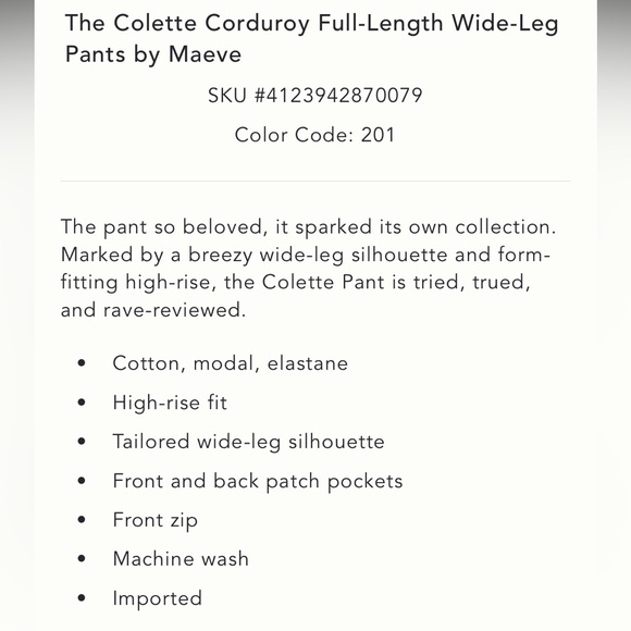 Anthropologie The Colette Full Length Wide Leg Corduroy Pants by Maeve - Picture 9 of 9